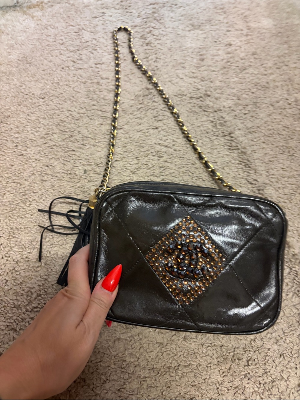 CHANEL BrownQuilted Leather Crossbody with Jeweled Logo Accent